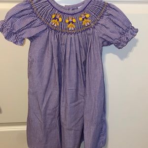 Purple and gold cheerleader smocked dress